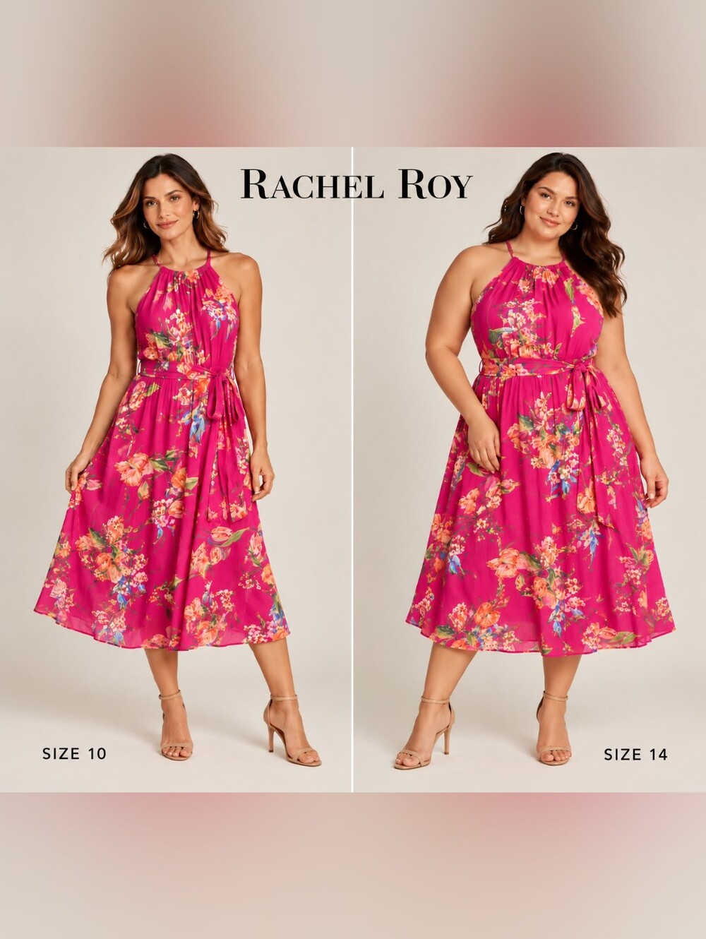 NWOT RACHEL Rachel Roy Hot Pink Floral Halter Midi Dress